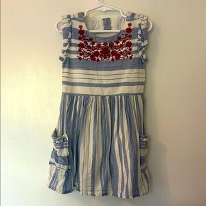 Striped Blue and White Dress with Red Embroidery